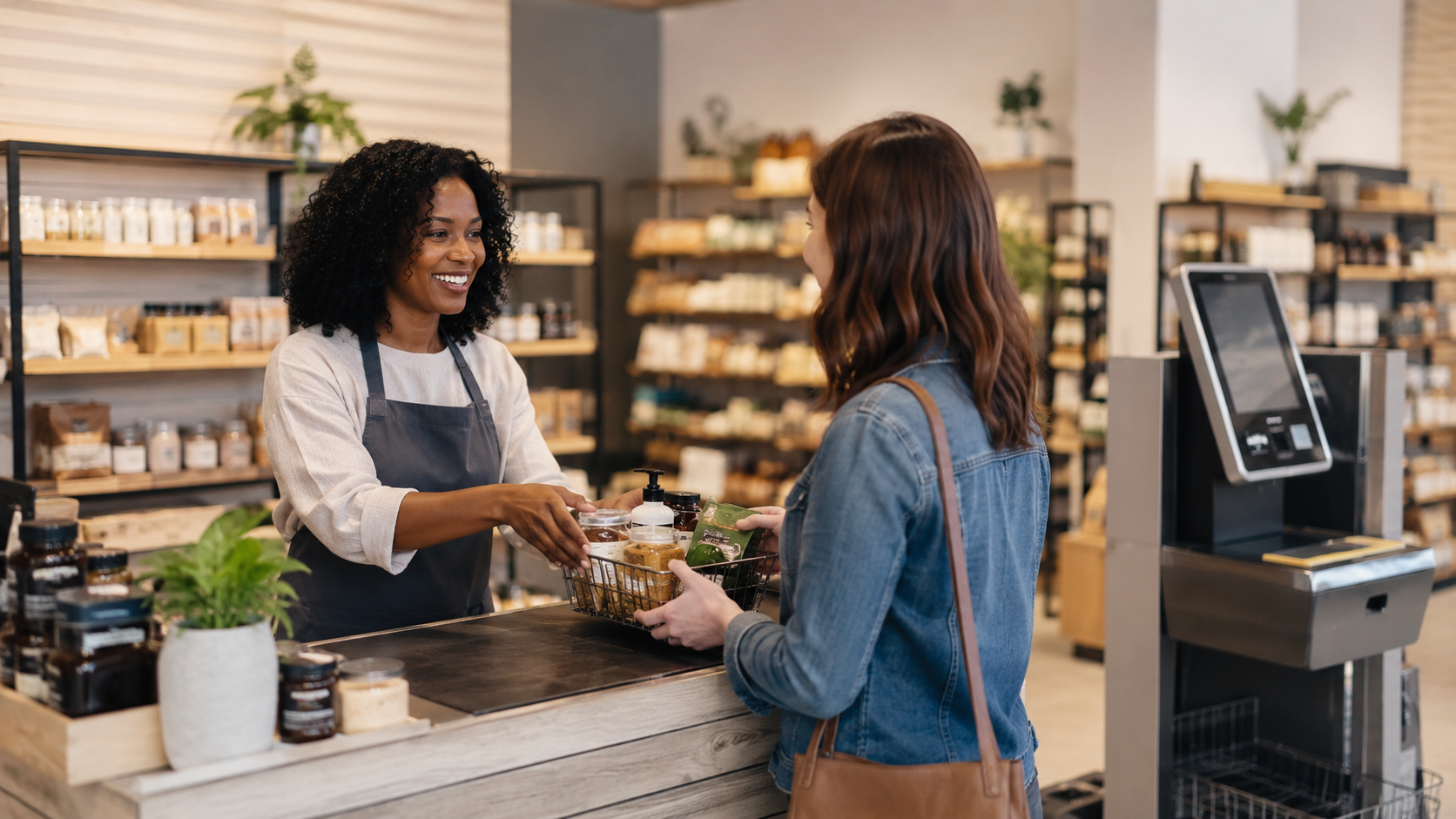Store associate assisting a customer at a retail checkout counter with a self-checkout kiosk nearby.