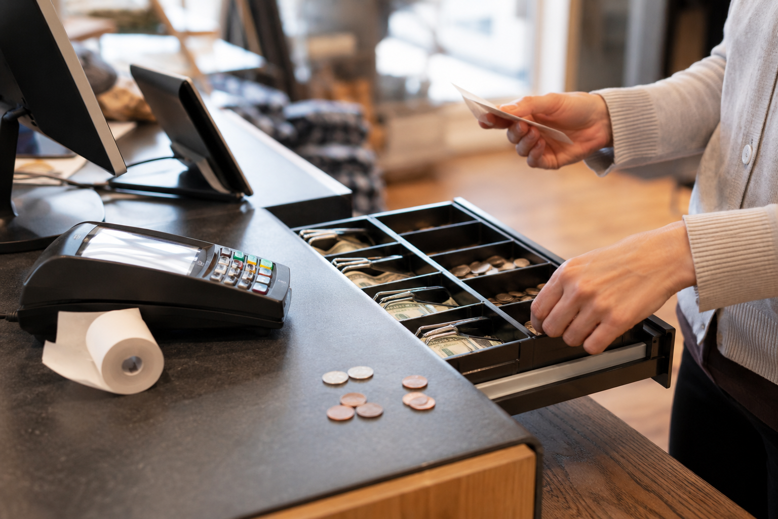 Retail checkout counter with payment terminal, receipt, cash drawer, and coins.